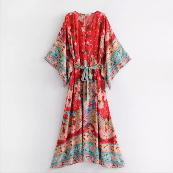 Boho Kimono Dress Floral Print Midi Gypsy Red - Picture 1 of 11